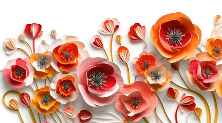 Red and orange poppies on white background. 3d illustrationの素材