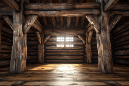 Wooden building interior with window. 3D render. Vintage style.の素材