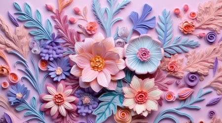 Handmade paper flowers on pink background. Colorful handmade flowers.の素材