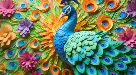 Colorful peacock statue on the wall in Chiang Mai, Thailand.の素材