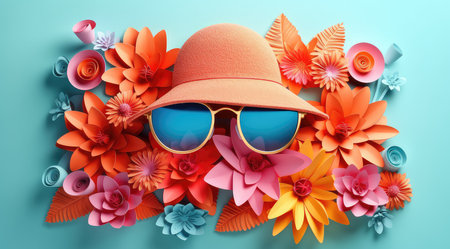 3d illustration of orange hat, sunglasses and paper flowers on blue backgroundの素材