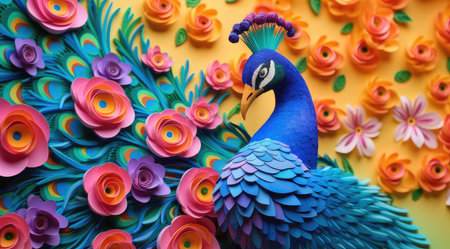 Peacock made of plasticine with colorful flowers on yellow backgroundの素材