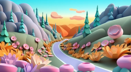 Beautiful fantasy landscape with a road and flowers, 3d illustrationの素材