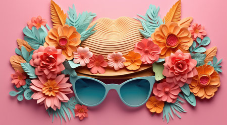 Flat lay of sunglasses, hat and paper flowers on pink backgroundの素材