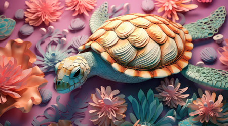 Sea turtle and flowers on pink background. 3d render illustration.の素材