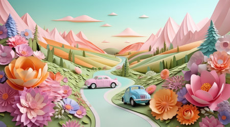 3d rendering of a road in the mountains with a car and flowersの素材
