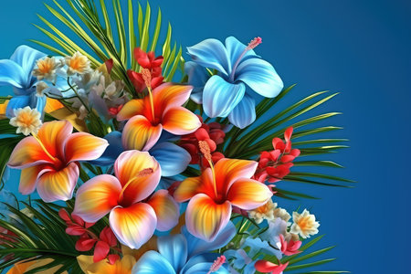 3D rendering of a bouquet of tropical flowers on a blue backgroundの素材