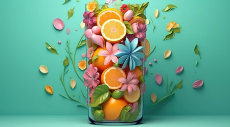 3d illustration of a jar with citrus fruits and flowers. 3d renderingの素材