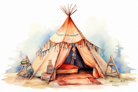 Watercolor illustration of a native american tent. Hand drawn illustrationの素材
