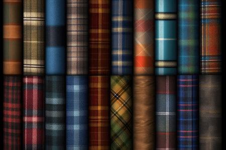 Colorful checkered fabric background. Collection of different fabrics.の素材