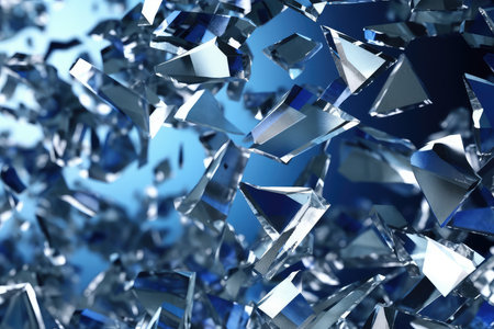 Broken glass on a blue background. 3d rendering, 3d illustration.の素材