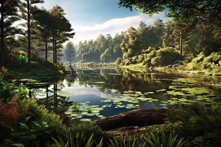 landscape with lake and trees in the park,3d renderの素材