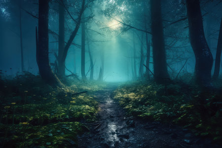 Mysterious dark forest with fog and light. Halloween concept.の素材