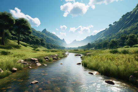 Beautiful landscape with river and mountains in the background, 3d renderの素材