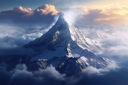 Beautiful mountain peak in the clouds at sunset. 3d renderingの素材