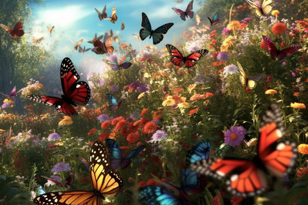 Butterflies flying in the flower garden. 3d illustration.の素材