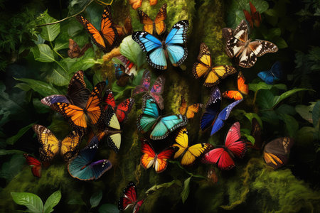 Multi-colored butterflies in the forest. Colorful background of butterflies.の素材