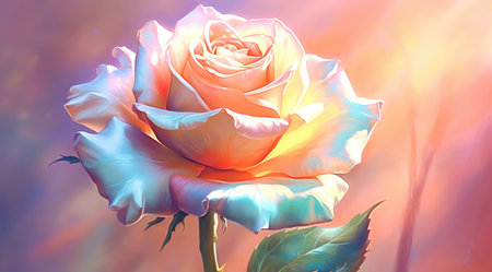 Beautiful pink rose on a background of blue and orange gradient.の素材