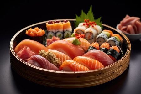 Japanese food Sushi Set in a bamboo basket on a black backgroundの素材