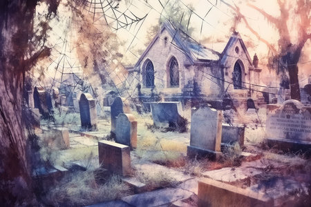 Gravestones in the old cemetery, Vintage painting style, illustrationの素材