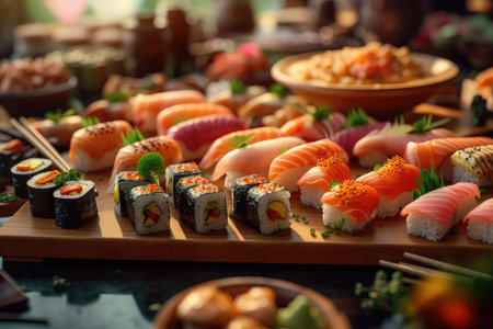 Different kinds of sushi served on wooden plate, close-up viewの素材