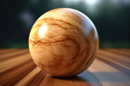 3d render of a golden marble ball on a wooden table.の素材
