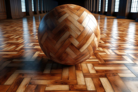 3d rendering of a wooden sphere in a room with a parquet floorの素材