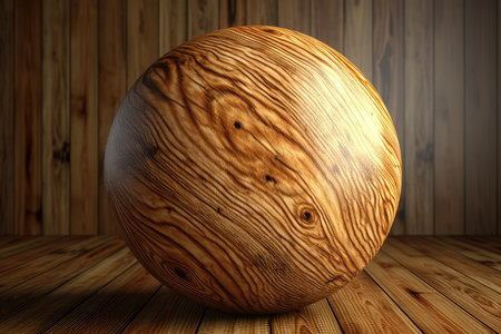 Wooden sphere on a wooden floor. 3d render illustration.の素材