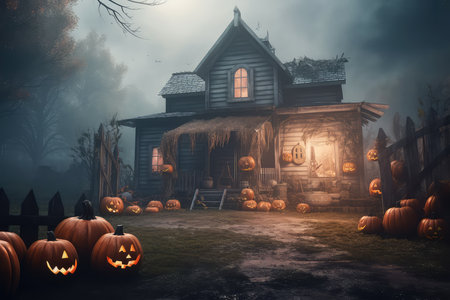 Halloween background with pumpkins in front of haunted house, 3d renderの素材