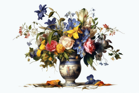 Bouquet of spring flowers in vase on a white backgroundの素材