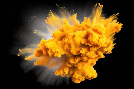 Explosion of yellow paint on a black background. Abstract background.の素材