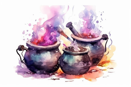 Watercolor illustration of a pot of boiling water with a pestleの素材