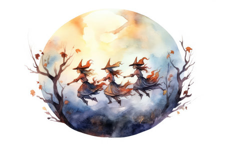 Watercolor halloween background with witchs flying on the moonの素材