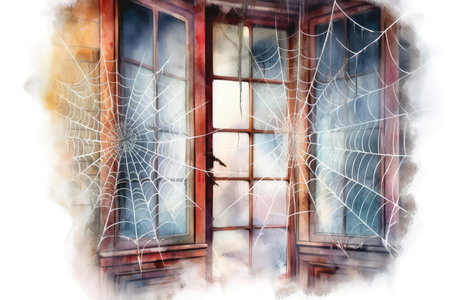 Watercolor illustration of a spider web on the window of a house.の素材