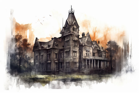 Old wooden house in the city. Digital watercolor painting on paper.の素材