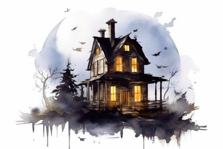 Watercolor illustration of a house in the forest. Black and whiteの素材
