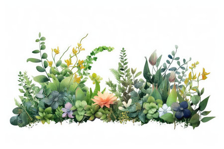 Watercolor illustration of a garden with flowers, plants and herbs.の素材