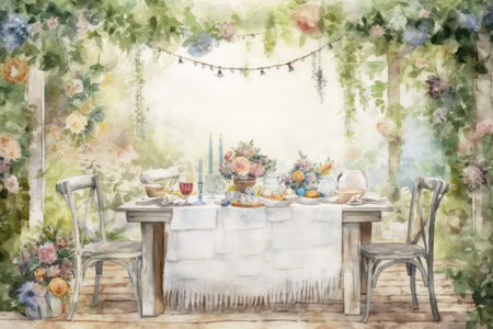 Watercolor painting of table and chairs for romantic dinner in the gardenの素材