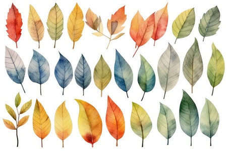 Watercolor autumn leaves set isolated on white background. Hand drawn illustration.の素材