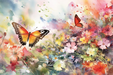 Watercolor painting of butterfly and flowers on colorful background. Spring.の素材