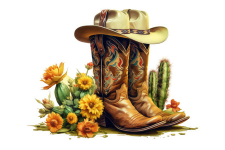 Cowboy boots with wildflowers and cactus isolated on white backgroundの素材