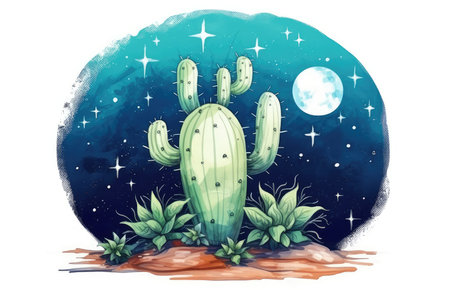 Illustration of a cactus at night with a full moon.の素材