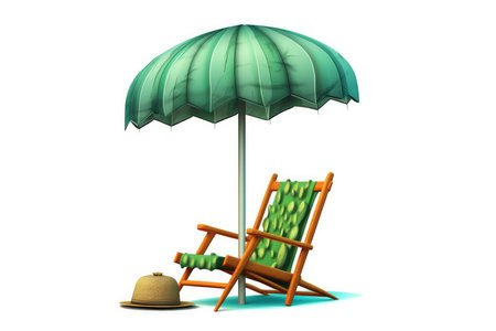 beach chair with umbrella and hat isolated on white background. 3d renderの素材