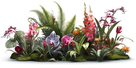3d render of a fantasy garden with orchids and fernsの素材