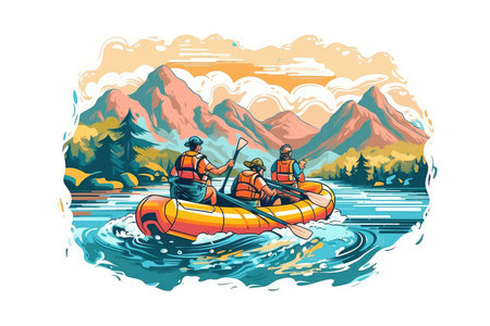 Two men are rafting on the river in the mountains, vector illustrationの素材