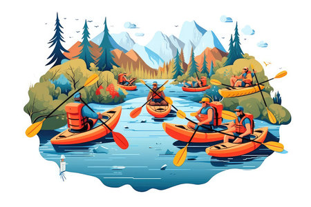 Kayaking in the mountains. Kayak on the river. Vector illustrationの素材