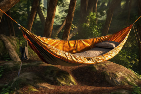 3d rendering of a hammock in the forest with tree backgroundの素材
