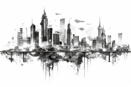 Chicago skyline on watercolor painting background. Black and white illustration.の素材