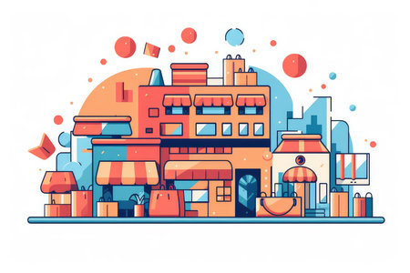 Flat design modern vector illustration concept of big city. Cityscape with buildings, shops, cafes and stores.の素材