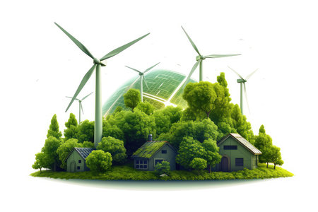 Eco friendly concept with windmills and houses on white backgroundの素材